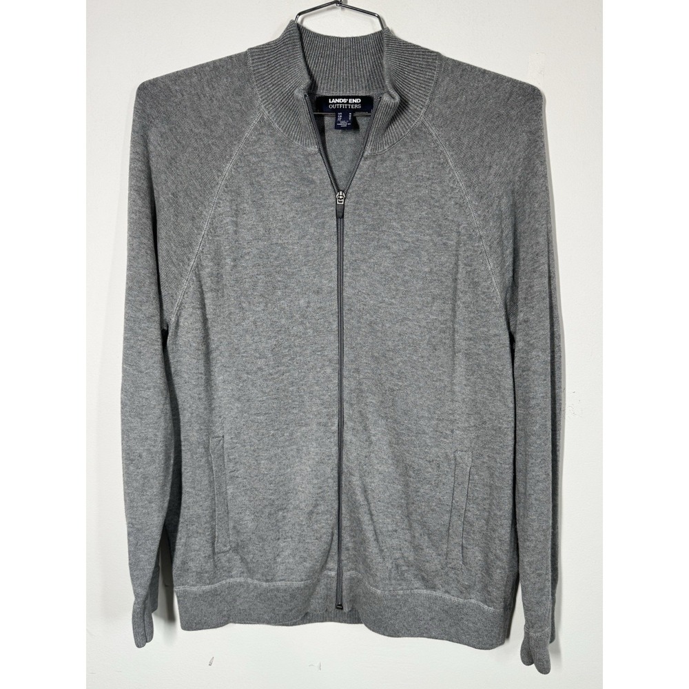 Lands End Heather Gray Cotton Blend Full Zip Cardigan Grandpa Sweater‎ Mens M